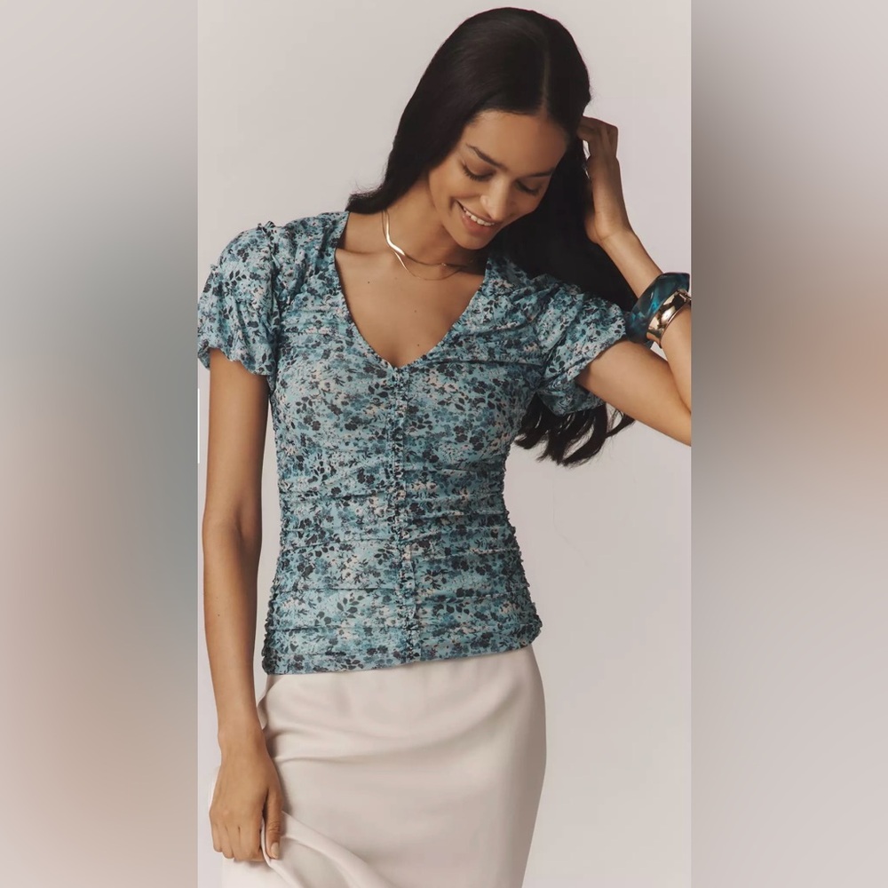 By Anthropologie Short-Sleeve Shirred Mesh Top